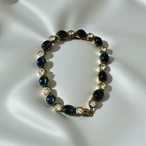 Vintage Cabochon Gold Plated Sapphire Colored Crystals Tennis Bracelet